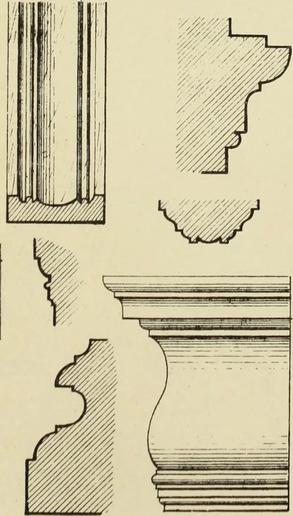 An illustration from Elements of style in furniture and woodwork, being a series of details of the Italian, German Renaissance, Elizabethan, Louis XIVth, Louis XVth, Louis XVIth, Sheraton, Adams, Empire, Chinese, Japanese, and Moresque styles ... for the use of architects, furniture designers, cabinet makers and others, 1889, leaf 66