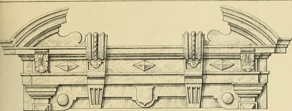 An illustration from Elements of style in furniture and woodwork, being a series of details of the Italian, German Renaissance, Elizabethan, Louis XIVth, Louis XVth, Louis XVIth, Sheraton, Adams, Empire, Chinese, Japanese, and Moresque styles ... for the use of architects, furniture designers, cabinet makers and others, 1889, leaf 68