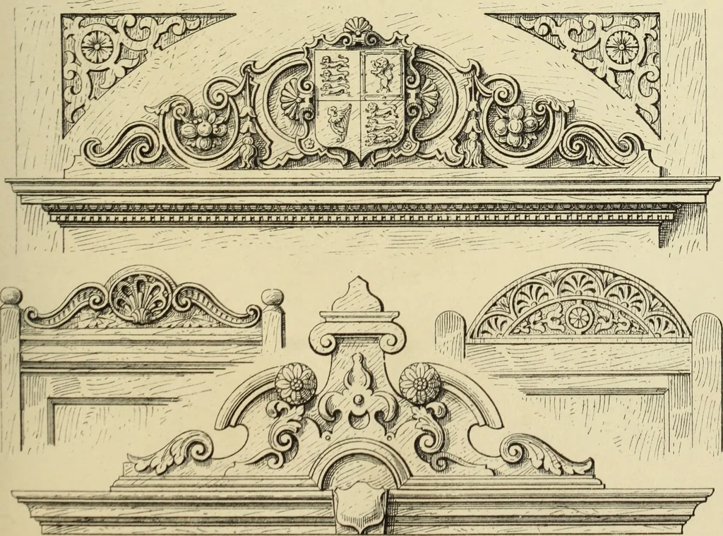 An illustration from Elements of style in furniture and woodwork, being a series of details of the Italian, German Renaissance, Elizabethan, Louis XIVth, Louis XVth, Louis XVIth, Sheraton, Adams, Empire, Chinese, Japanese, and Moresque styles ... for the use of architects, furniture designers, cabinet makers and others, 1889, leaf 68