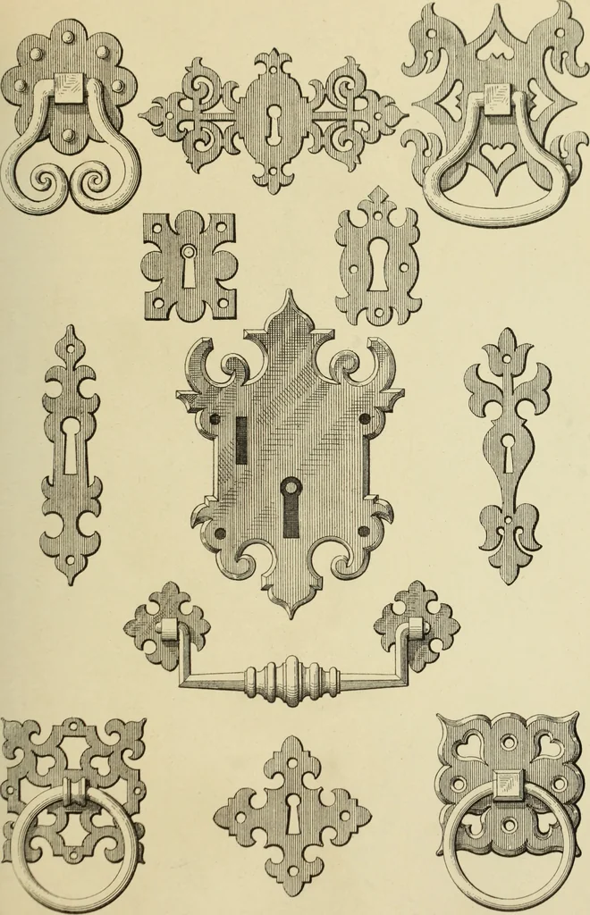 An illustration from Elements of style in furniture and woodwork, being a series of details of the Italian, German Renaissance, Elizabethan, Louis XIVth, Louis XVth, Louis XVIth, Sheraton, Adams, Empire, Chinese, Japanese, and Moresque styles ... for the use of architects, furniture designers, cabinet makers and others, 1889, leaf 70