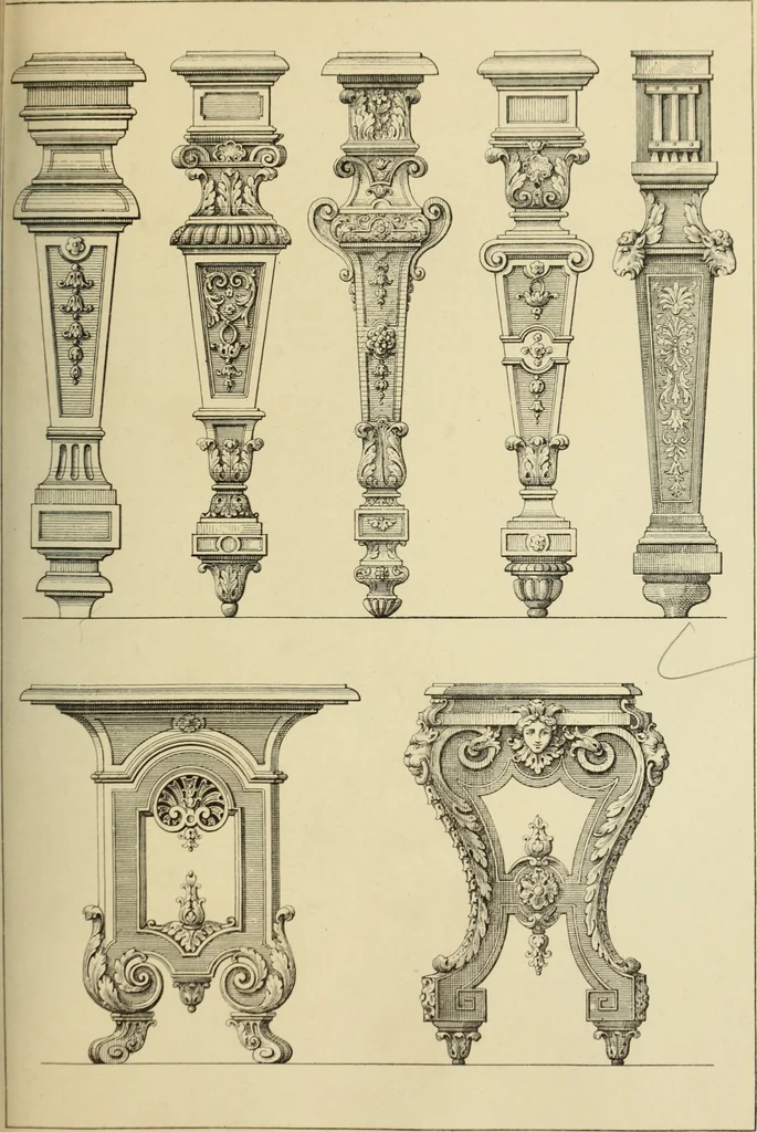 An illustration from Elements of style in furniture and woodwork, being a series of details of the Italian, German Renaissance, Elizabethan, Louis XIVth, Louis XVth, Louis XVIth, Sheraton, Adams, Empire, Chinese, Japanese, and Moresque styles ... for the use of architects, furniture designers, cabinet makers and others, 1889, leaf 72