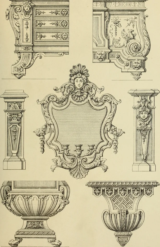 An illustration from Elements of style in furniture and woodwork, being a series of details of the Italian, German Renaissance, Elizabethan, Louis XIVth, Louis XVth, Louis XVIth, Sheraton, Adams, Empire, Chinese, Japanese, and Moresque styles ... for the use of architects, furniture designers, cabinet makers and others, 1889, leaf 74