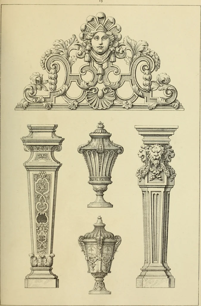 An illustration from Elements of style in furniture and woodwork, being a series of details of the Italian, German Renaissance, Elizabethan, Louis XIVth, Louis XVth, Louis XVIth, Sheraton, Adams, Empire, Chinese, Japanese, and Moresque styles ... for the use of architects, furniture designers, cabinet makers and others, 1889, leaf 76