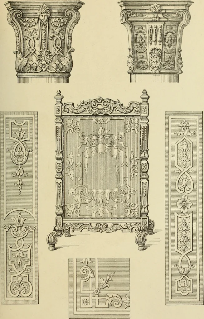 An illustration from Elements of style in furniture and woodwork, being a series of details of the Italian, German Renaissance, Elizabethan, Louis XIVth, Louis XVth, Louis XVIth, Sheraton, Adams, Empire, Chinese, Japanese, and Moresque styles ... for the use of architects, furniture designers, cabinet makers and others, 1889, leaf 78