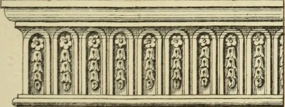 An illustration from Elements of style in furniture and woodwork, being a series of details of the Italian, German Renaissance, Elizabethan, Louis XIVth, Louis XVth, Louis XVIth, Sheraton, Adams, Empire, Chinese, Japanese, and Moresque styles ... for the use of architects, furniture designers, cabinet makers and others, 1889, leaf 80