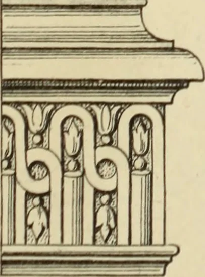 An illustration from Elements of style in furniture and woodwork, being a series of details of the Italian, German Renaissance, Elizabethan, Louis XIVth, Louis XVth, Louis XVIth, Sheraton, Adams, Empire, Chinese, Japanese, and Moresque styles ... for the use of architects, furniture designers, cabinet makers and others, 1889, leaf 80