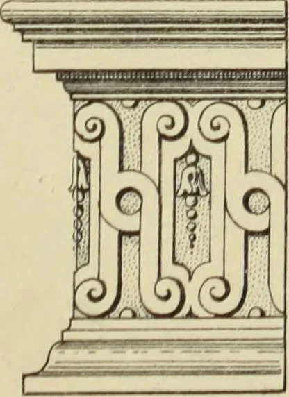 An illustration from Elements of style in furniture and woodwork, being a series of details of the Italian, German Renaissance, Elizabethan, Louis XIVth, Louis XVth, Louis XVIth, Sheraton, Adams, Empire, Chinese, Japanese, and Moresque styles ... for the use of architects, furniture designers, cabinet makers and others, 1889, leaf 80