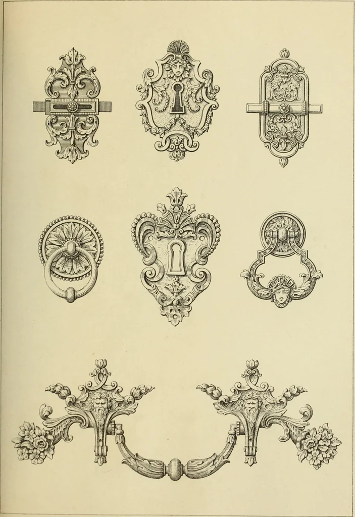 An illustration from Elements of style in furniture and woodwork, being a series of details of the Italian, German Renaissance, Elizabethan, Louis XIVth, Louis XVth, Louis XVIth, Sheraton, Adams, Empire, Chinese, Japanese, and Moresque styles ... for the use of architects, furniture designers, cabinet makers and others, 1889, leaf 82