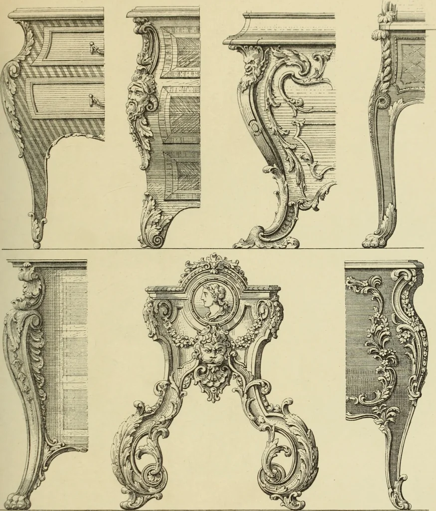 An illustration from Elements of style in furniture and woodwork, being a series of details of the Italian, German Renaissance, Elizabethan, Louis XIVth, Louis XVth, Louis XVIth, Sheraton, Adams, Empire, Chinese, Japanese, and Moresque styles ... for the use of architects, furniture designers, cabinet makers and others, 1889, leaf 84