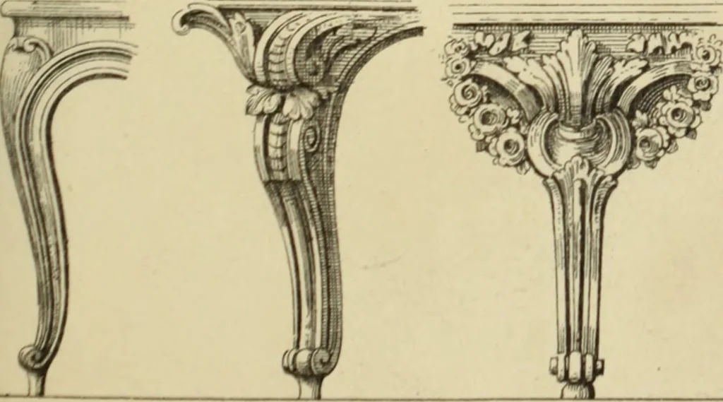 An illustration from Elements of style in furniture and woodwork, being a series of details of the Italian, German Renaissance, Elizabethan, Louis XIVth, Louis XVth, Louis XVIth, Sheraton, Adams, Empire, Chinese, Japanese, and Moresque styles ... for the use of architects, furniture designers, cabinet makers and others, 1889, leaf 84