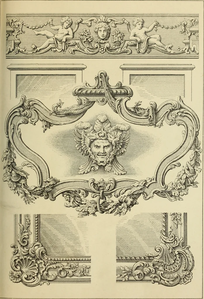 An illustration from Elements of style in furniture and woodwork, being a series of details of the Italian, German Renaissance, Elizabethan, Louis XIVth, Louis XVth, Louis XVIth, Sheraton, Adams, Empire, Chinese, Japanese, and Moresque styles ... for the use of architects, furniture designers, cabinet makers and others, 1889, leaf 86