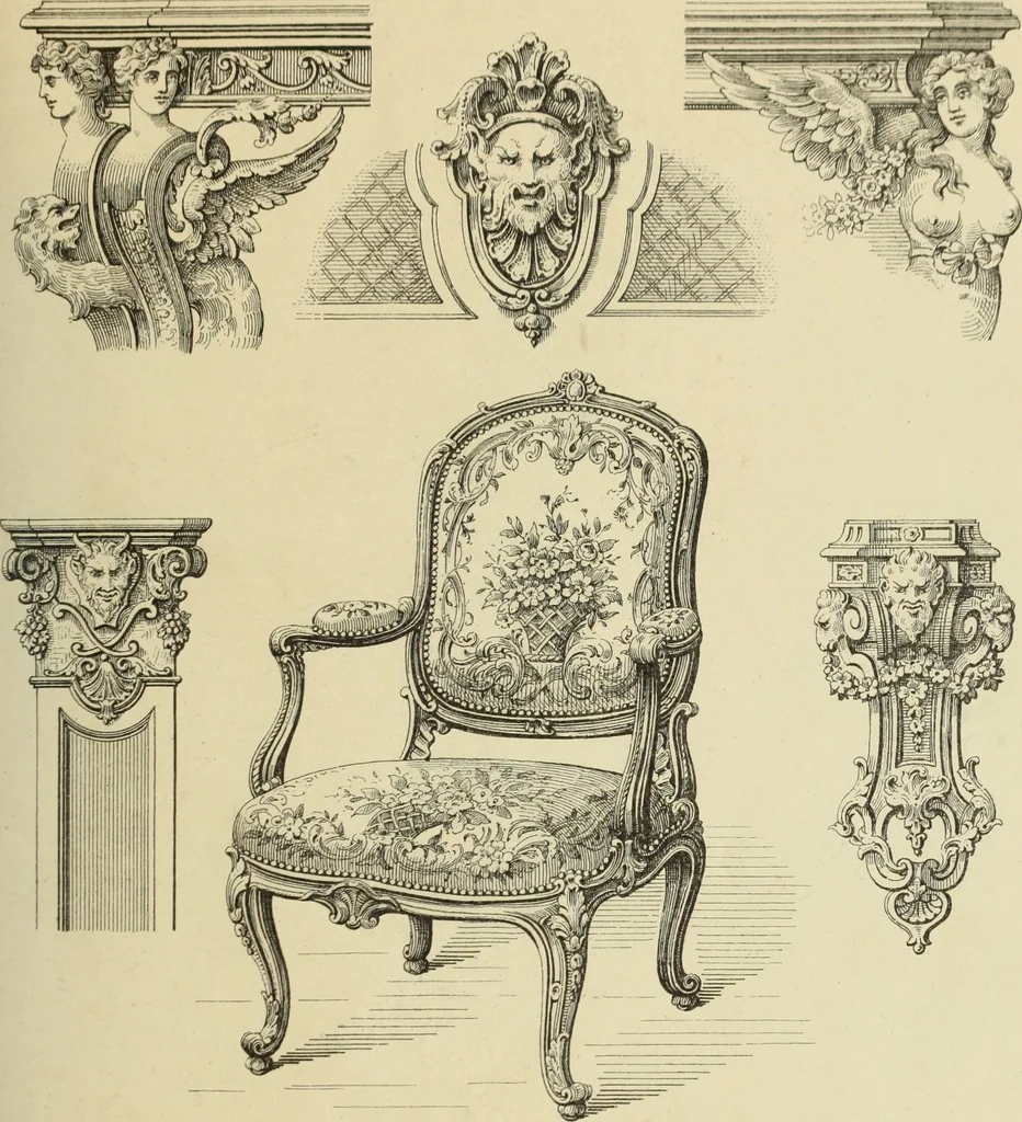 An illustration from Elements of style in furniture and woodwork, being a series of details of the Italian, German Renaissance, Elizabethan, Louis XIVth, Louis XVth, Louis XVIth, Sheraton, Adams, Empire, Chinese, Japanese, and Moresque styles ... for the use of architects, furniture designers, cabinet makers and others, 1889, leaf 88