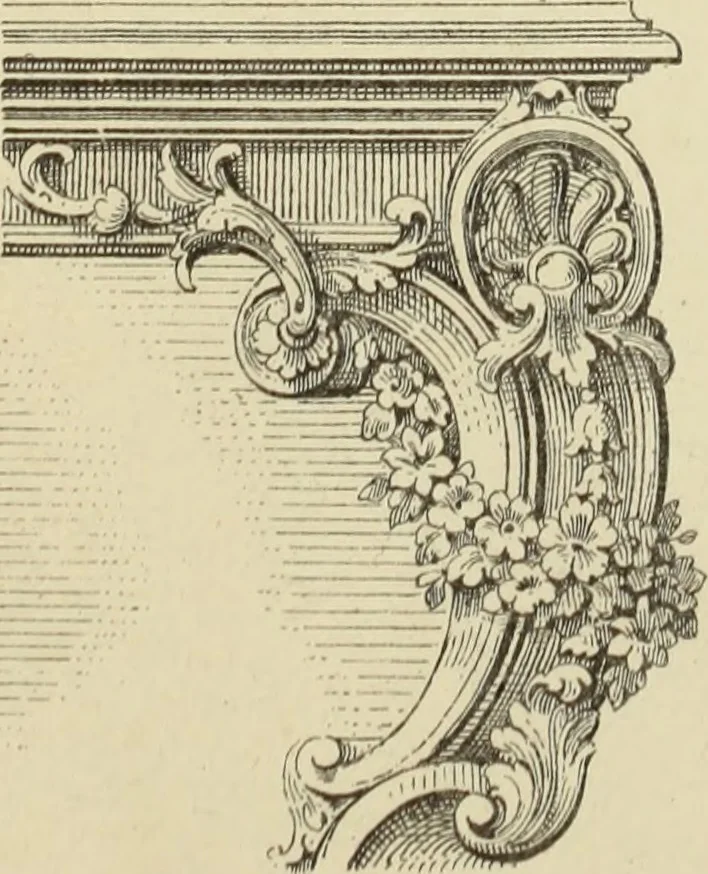 An illustration from Elements of style in furniture and woodwork, being a series of details of the Italian, German Renaissance, Elizabethan, Louis XIVth, Louis XVth, Louis XVIth, Sheraton, Adams, Empire, Chinese, Japanese, and Moresque styles ... for the use of architects, furniture designers, cabinet makers and others, 1889, leaf 88