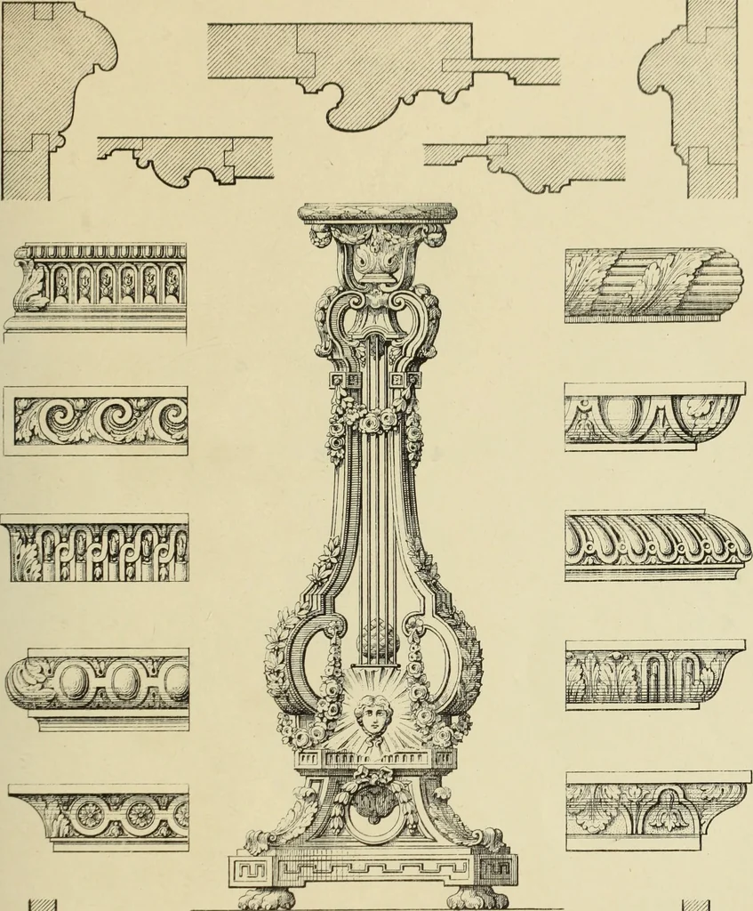 An illustration from Elements of style in furniture and woodwork, being a series of details of the Italian, German Renaissance, Elizabethan, Louis XIVth, Louis XVth, Louis XVIth, Sheraton, Adams, Empire, Chinese, Japanese, and Moresque styles ... for the use of architects, furniture designers, cabinet makers and others, 1889, leaf 90