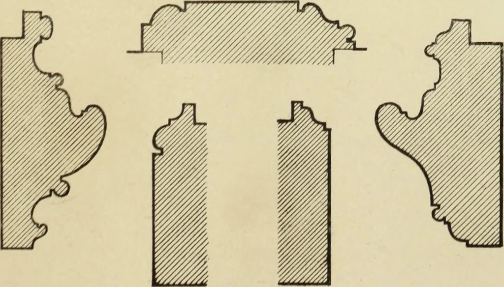 An illustration from Elements of style in furniture and woodwork, being a series of details of the Italian, German Renaissance, Elizabethan, Louis XIVth, Louis XVth, Louis XVIth, Sheraton, Adams, Empire, Chinese, Japanese, and Moresque styles ... for the use of architects, furniture designers, cabinet makers and others, 1889, leaf 90