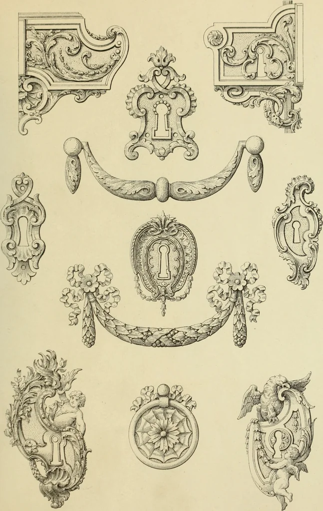 An illustration from Elements of style in furniture and woodwork, being a series of details of the Italian, German Renaissance, Elizabethan, Louis XIVth, Louis XVth, Louis XVIth, Sheraton, Adams, Empire, Chinese, Japanese, and Moresque styles ... for the use of architects, furniture designers, cabinet makers and others, 1889, leaf 92