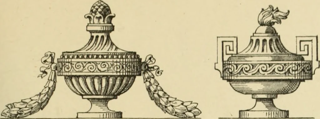 An illustration from Elements of style in furniture and woodwork, being a series of details of the Italian, German Renaissance, Elizabethan, Louis XIVth, Louis XVth, Louis XVIth, Sheraton, Adams, Empire, Chinese, Japanese, and Moresque styles ... for the use of architects, furniture designers, cabinet makers and others, 1889, leaf 96