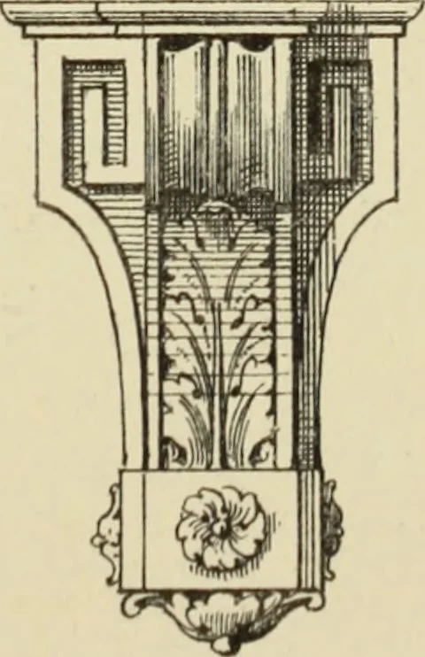 An illustration from Elements of style in furniture and woodwork, being a series of details of the Italian, German Renaissance, Elizabethan, Louis XIVth, Louis XVth, Louis XVIth, Sheraton, Adams, Empire, Chinese, Japanese, and Moresque styles ... for the use of architects, furniture designers, cabinet makers and others, 1889, leaf 96