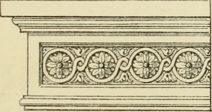 An illustration from Elements of style in furniture and woodwork, being a series of details of the Italian, German Renaissance, Elizabethan, Louis XIVth, Louis XVth, Louis XVIth, Sheraton, Adams, Empire, Chinese, Japanese, and Moresque styles ... for the use of architects, furniture designers, cabinet makers and others, 1889, leaf 98