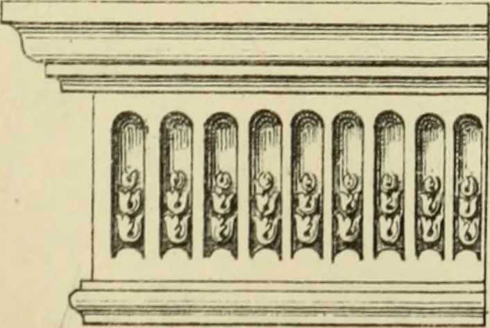 An illustration from Elements of style in furniture and woodwork, being a series of details of the Italian, German Renaissance, Elizabethan, Louis XIVth, Louis XVth, Louis XVIth, Sheraton, Adams, Empire, Chinese, Japanese, and Moresque styles ... for the use of architects, furniture designers, cabinet makers and others, 1889, leaf 98