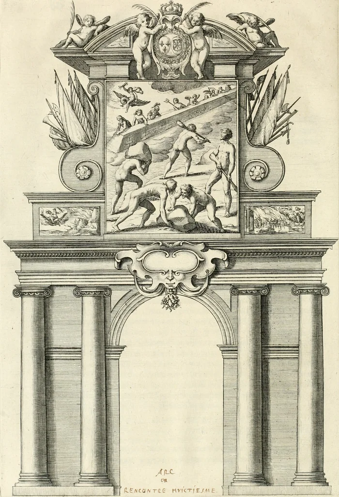 An illustration from Eloges et discours sur la triomphante reception du roy en sa ville de Paris, apres la reduction de la Rochelle : accompagnez des figures, tant des arcs de triomphe que des autres preparatifs, 1629, leaf 107
