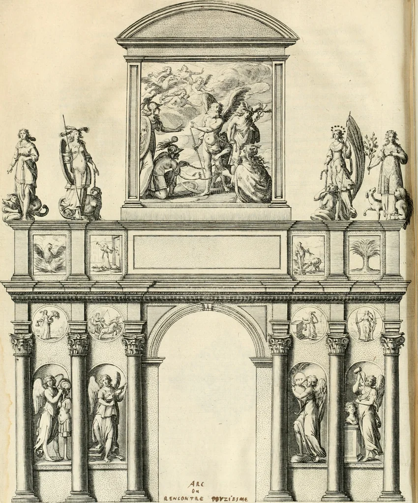 An illustration from Eloges et discours sur la triomphante reception du roy en sa ville de Paris, apres la reduction de la Rochelle : accompagnez des figures, tant des arcs de triomphe que des autres preparatifs, 1629, leaf 183
