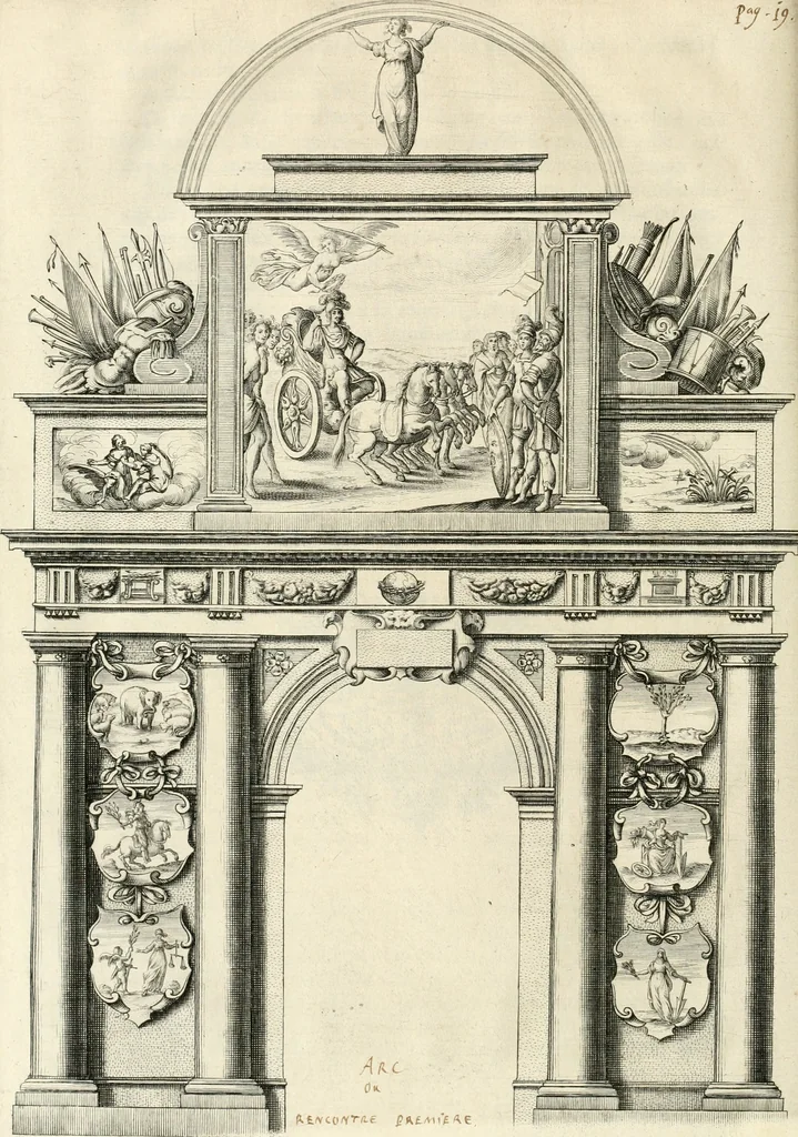 An illustration from Eloges et discours sur la triomphante reception du roy en sa ville de Paris, apres la reduction de la Rochelle : accompagnez des figures, tant des arcs de triomphe que des autres preparatifs, 1629, leaf 29