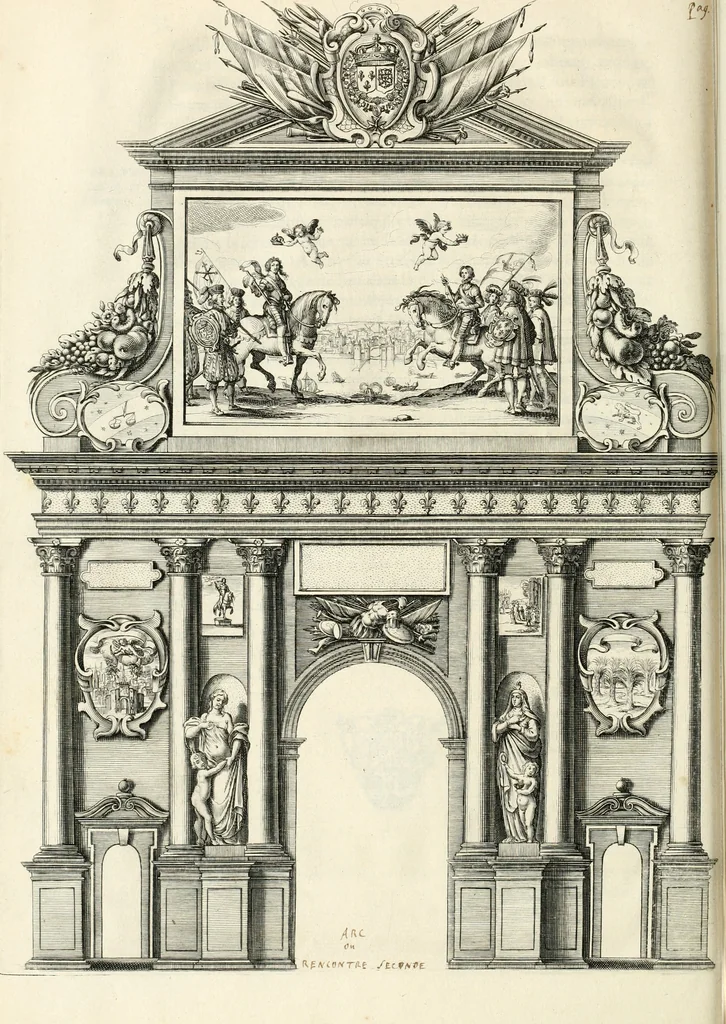 An illustration from Eloges et discours sur la triomphante reception du roy en sa ville de Paris, apres la reduction de la Rochelle : accompagnez des figures, tant des arcs de triomphe que des autres preparatifs, 1629, leaf 43