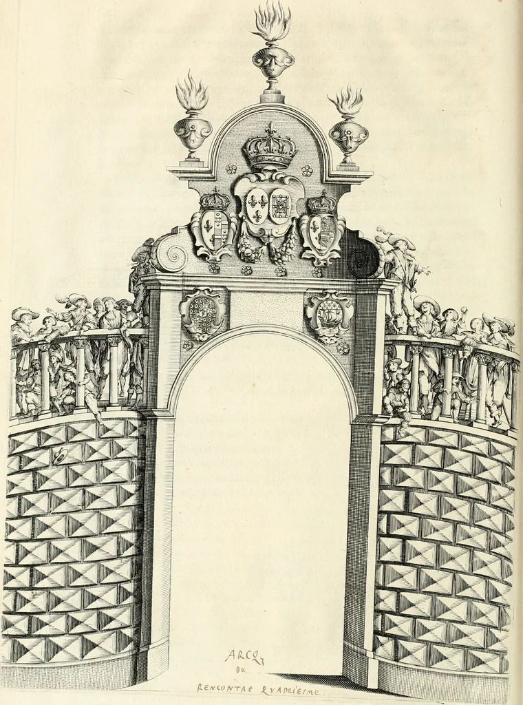 An illustration from Eloges et discours sur la triomphante reception du roy en sa ville de Paris, apres la reduction de la Rochelle : accompagnez des figures, tant des arcs de triomphe que des autres preparatifs, 1629, leaf 67
