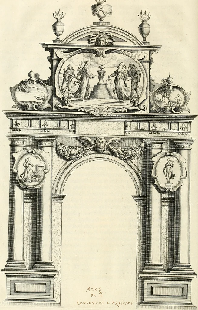 An illustration from Eloges et discours sur la triomphante reception du roy en sa ville de Paris, apres la reduction de la Rochelle : accompagnez des figures, tant des arcs de triomphe que des autres preparatifs, 1629, leaf 75