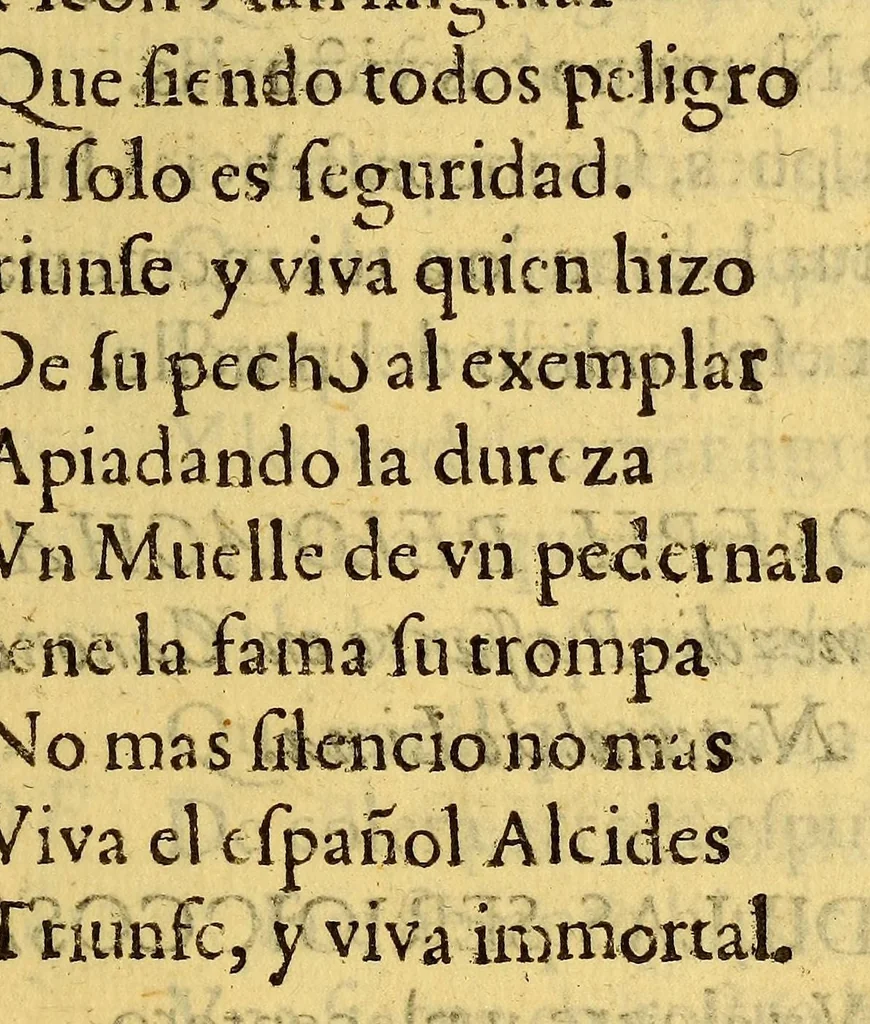 An illustration from El Parnaso del Real Colegio de San Martin : prostrado a los pies del Excmo. senor conde de la Monclova, virrey, gouernador, y capitan general de estos reynos &c. Le consagra. Como a su esclarecido, y real patron vna varia, hermosa, y florida selva de poesias en aplauso de la heroyca obra del muelle que en el Puerto del Callao à fabricado su excelencia, que es la octava marauilla. Siendo rector de dicho Colegio Real de San Martin, el reverendo padre Manuel de Herla cathedratico, que fue de prima en la Real Vniuersidad del Cuzco, y en el Colegio Maximo de San Pablo de Lima, y calificador del Santo Tribunal de la Inquisicion, 1694, leaf 41