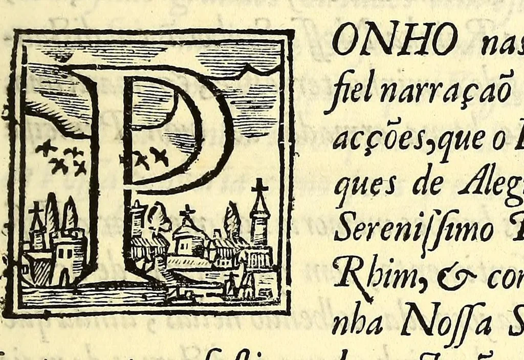 An illustration from Embaixada que fes o excellentissimo senhor conde de Villar-Maior (hoje marques de Alegrete) dos conselhos de estado, & guerra de el rei N. S. gentil homem da sua camera, & vedor da fasenda, &c. : Ao serenissimo principe Philippe Guilhelmo conde palatino do Rhim, eleitor do S. R. J. conduçam da rainha nossa senhora a estes reinos, festas, & applausos, come que foi celebrada sua felix vinda, & as augustas vodas de Suas Majestades escrita, e offerecida ao excellentissimo senhor conde de Villar Maior Fernaõ Telles da Silva do conselho de Sua Majestade, & deputado da junra dos tres estados do reino., 1694, leaf 11