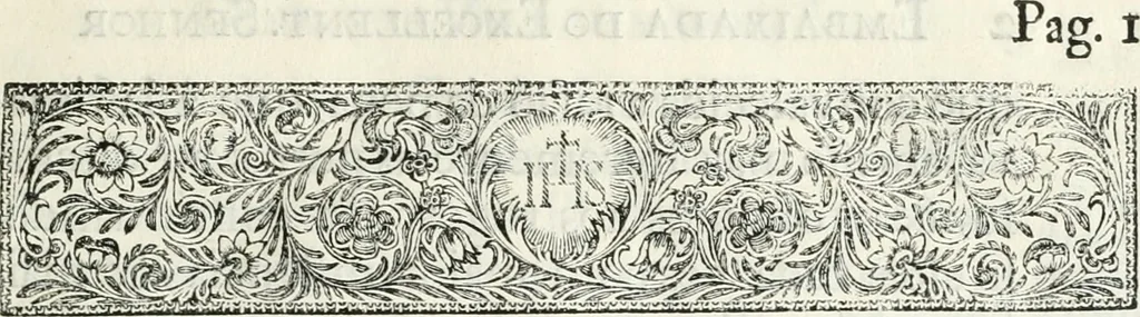 An illustration from Embaixada que feso excellentissimo senhor conde de Villar-Maior (hoje marques de Alegrete) dos conselhos de estado, & guerra de el rei N.S., gentil homem da sua camera, & vedor da fasenda, &c, ao serenissimo principe Philippe Guilhelmo conde palatino do Rhim, eleitor do S.R.J. conduc, am da rainha Nossa Senhora a estes reinos, festas, & applausos, com que foi celebrada sua felix vinda, & as augustas vodas de Suas Majestades, 1694, leaf 20