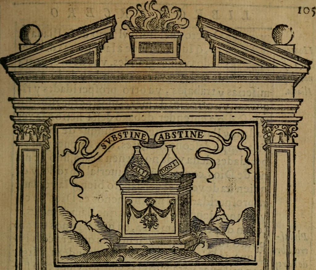 An illustration from Emblemas morales de don Ivan de Horozco y Couarruuias : dedicadas a la buena memoria del presidente Don Diego de Couarruuias y Leya su tio, 1589, leaf 414