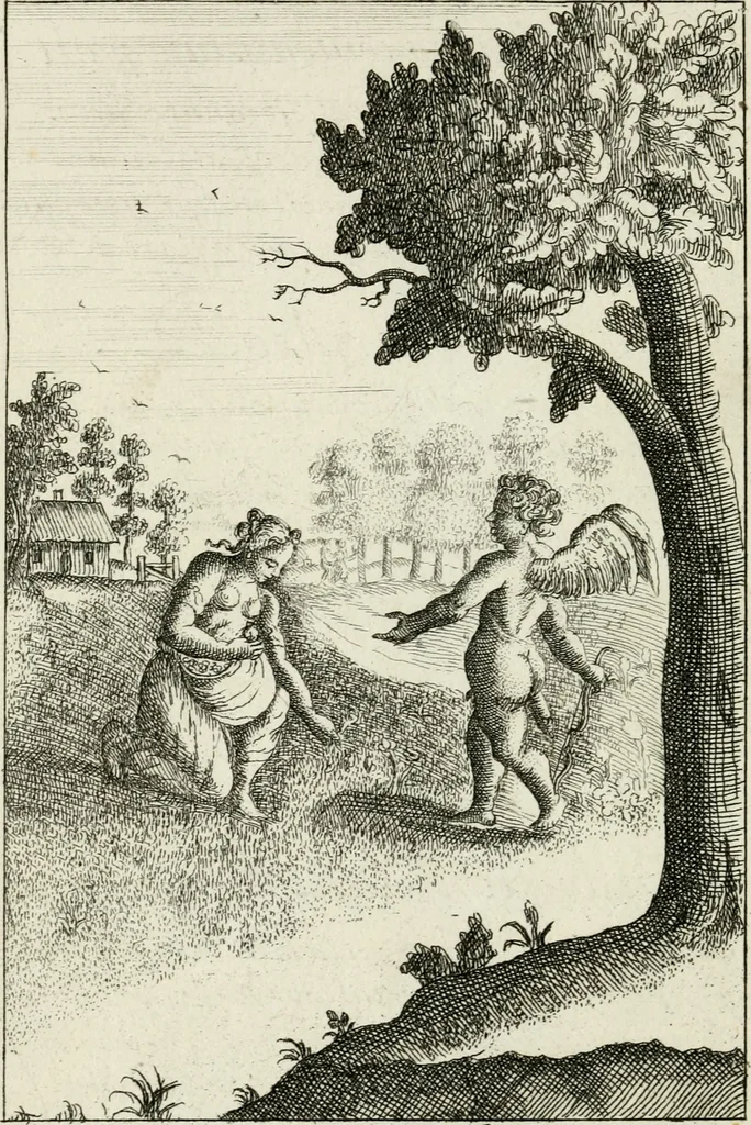 An illustration from Emblemata amatoria = Emblems of love = Embleme d'amore = Emblemes d'amour : in four languages, dedicated to the ladys, 1683, leaf 77