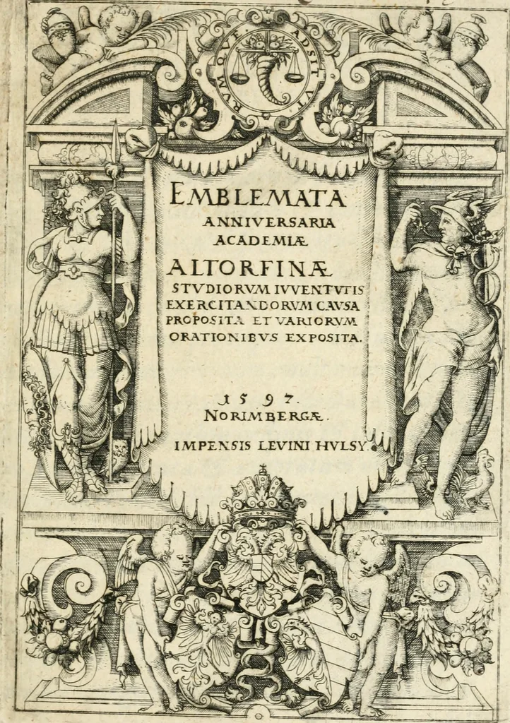An illustration from Emblemata anniversaria Academiae Altorfinae : stvdiorvm ivventvtis exercitandorvm cavsa proposita et variorvm orationibvs exposita, 1597, leaf 4