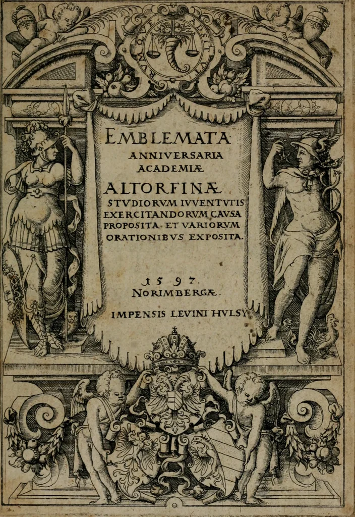 An illustration from Emblemata anniversaria Academiae Altorfinae : studiorum iuventutis exercitandorum causa proposita et variorum orationibus exposita, 1597, leaf 2