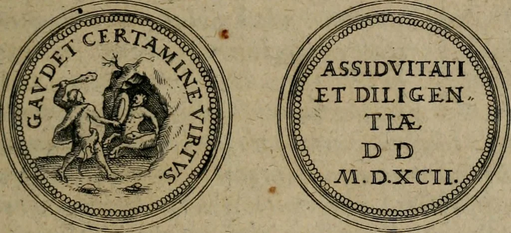 An illustration from Emblemata anniversaria Academiae Altorfinae : studiorum iuventutis exercitandorum causa proposita et variorum orationibus exposita, 1597, leaf 214