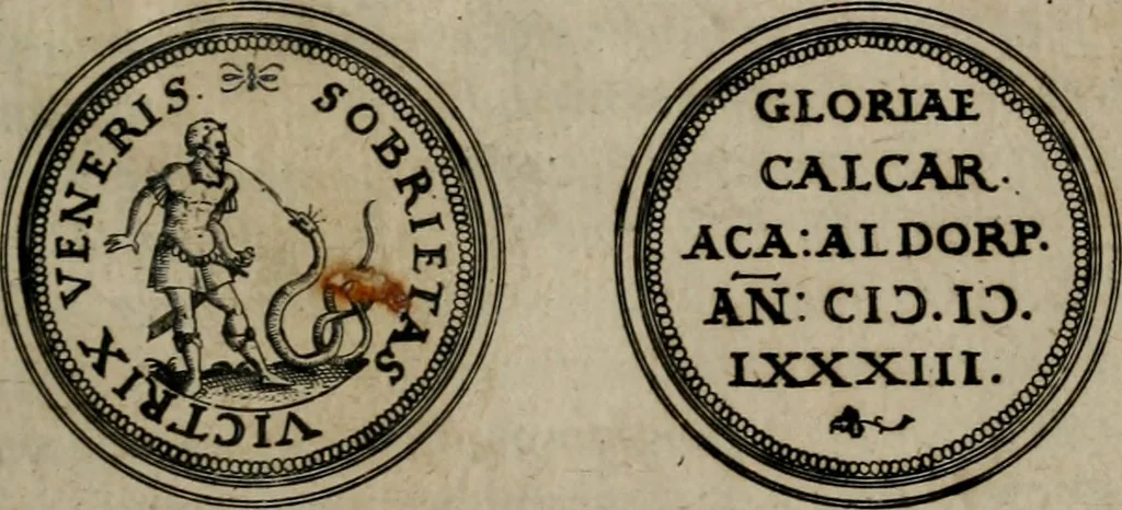 An illustration from Emblemata anniversaria Academiae Altorfinae : studiorum iuventutis exercitandorum causa proposita et variorum orationibus exposita, 1597, leaf 34