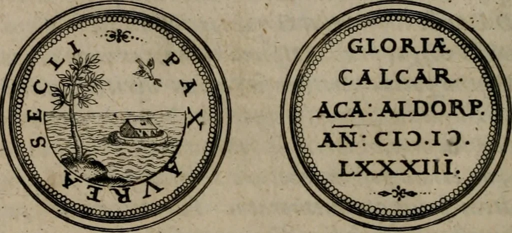 An illustration from Emblemata anniversaria Academiae Altorfinae : studiorum iuventutis exercitandorum causa proposita et variorum orationibus exposita, 1597, leaf 43