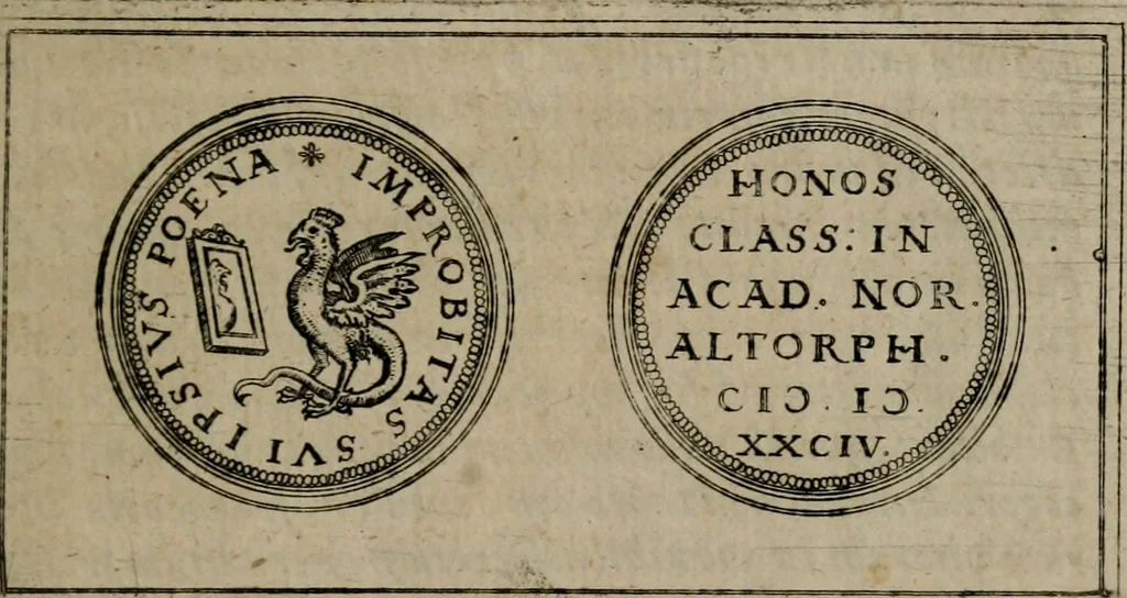 An illustration from Emblemata anniversaria Academiae Altorfinae : studiorum iuventutis exercitandorum causa proposita et variorum orationibus exposita, 1597, leaf 46