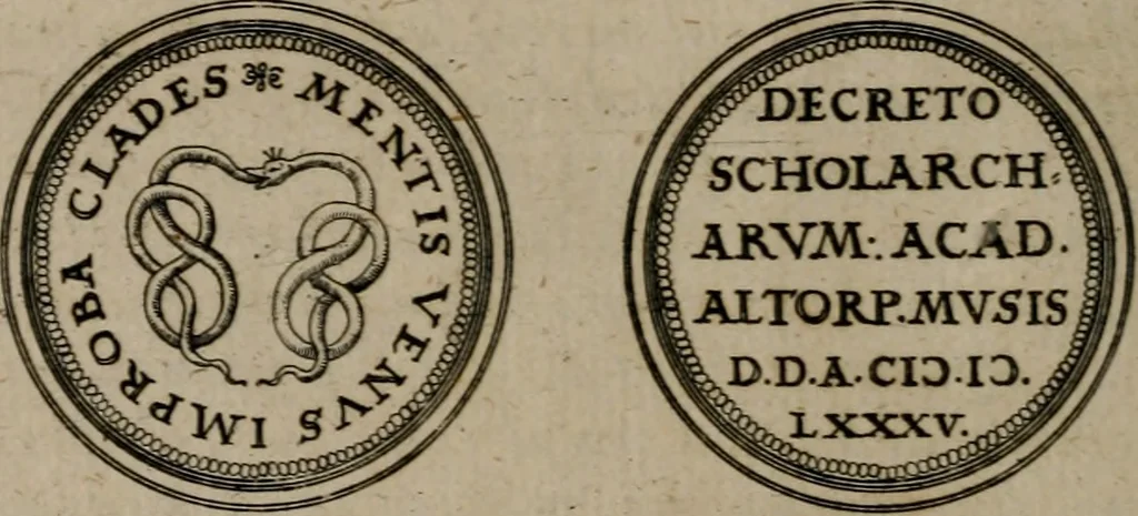 An illustration from Emblemata anniversaria Academiae Altorfinae : studiorum iuventutis exercitandorum causa proposita et variorum orationibus exposita, 1597, leaf 69