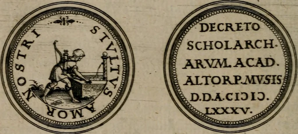 An illustration from Emblemata anniversaria Academiae Altorfinae : studiorum iuventutis exercitandorum causa proposita et variorum orationibus exposita, 1597, leaf 73