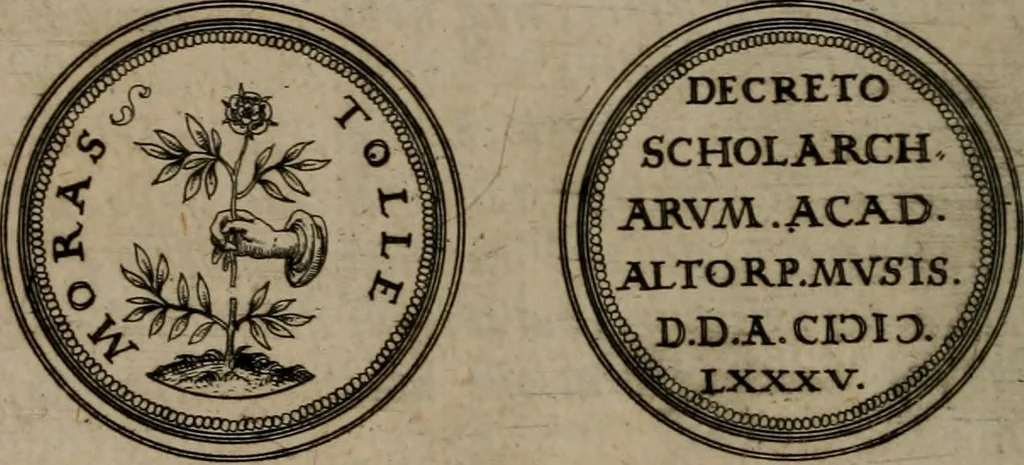An illustration from Emblemata anniversaria Academiae Altorfinae : studiorum iuventutis exercitandorum causa proposita et variorum orationibus exposita, 1597, leaf 77