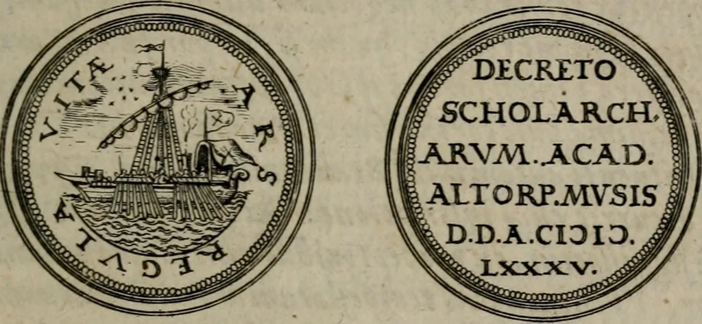 An illustration from Emblemata anniversaria Academiae Altorfinae : studiorum iuventutis exercitandorum causa proposita et variorum orationibus exposita, 1597, leaf 80