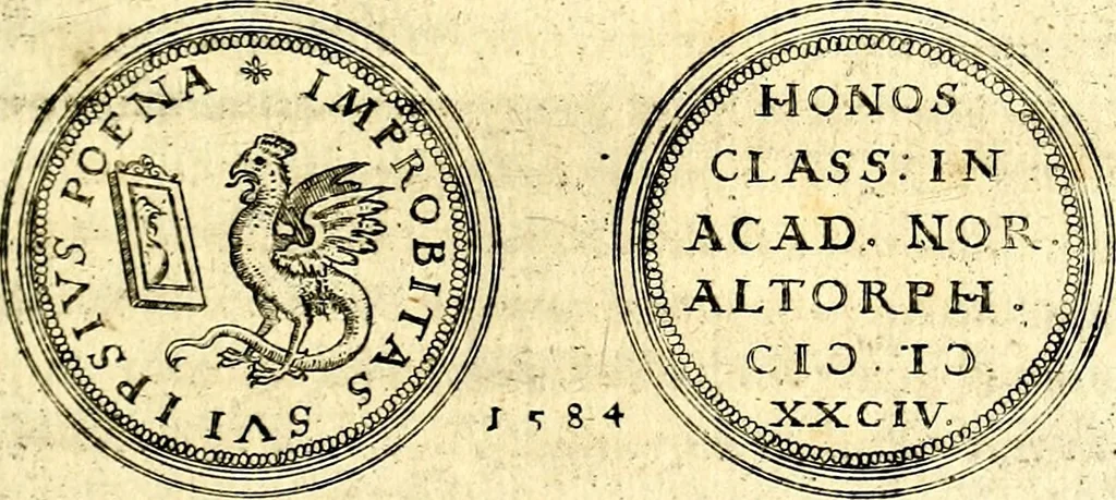 An illustration from Emblemata anniversaria Academiae Noribergensis, qvae est Altorffii: stvdiorum juventutis exercitandorum caussâ inde ab ann. Christi CD D LXXVII usq; ad annum CD D CXVI proposita; oratiunculis eruditis & nervosis in panegyribus academicis explicata, 1617, leaf 106