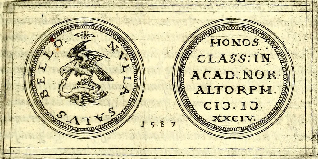 An illustration from Emblemata anniversaria Academiae Noribergensis, qvae est Altorffii: stvdiorum juventutis exercitandorum caussâ inde ab ann. Christi CD D LXXVII usq; ad annum CD D CXVI proposita; oratiunculis eruditis & nervosis in panegyribus academicis explicata, 1617, leaf 114