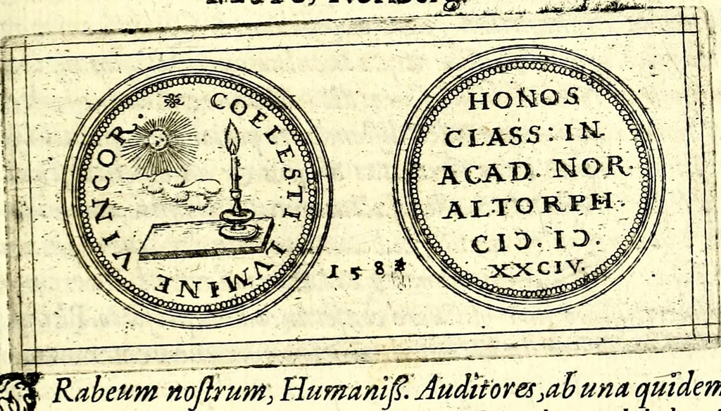 An illustration from Emblemata anniversaria Academiae Noribergensis, qvae est Altorffii: stvdiorum juventutis exercitandorum caussâ inde ab ann. Christi CD D LXXVII usq; ad annum CD D CXVI proposita; oratiunculis eruditis & nervosis in panegyribus academicis explicata, 1617, leaf 118
