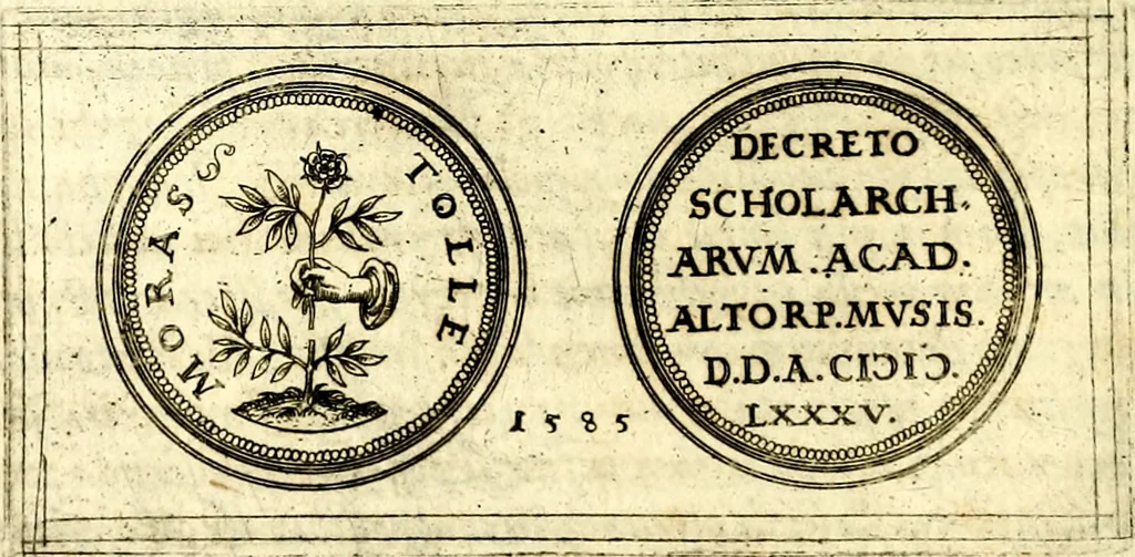 An illustration from Emblemata anniversaria Academiae Noribergensis, qvae est Altorffii: stvdiorum juventutis exercitandorum caussâ inde ab ann. Christi CD D LXXVII usq; ad annum CD D CXVI proposita; oratiunculis eruditis & nervosis in panegyribus academicis explicata, 1617, leaf 127