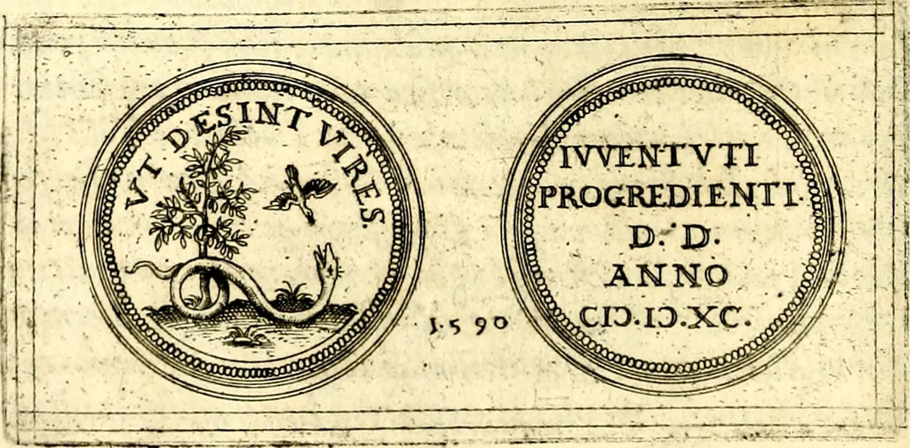 An illustration from Emblemata anniversaria Academiae Noribergensis, qvae est Altorffii: stvdiorum juventutis exercitandorum caussâ inde ab ann. Christi CD D LXXVII usq; ad annum CD D CXVI proposita; oratiunculis eruditis & nervosis in panegyribus academicis explicata, 1617, leaf 187